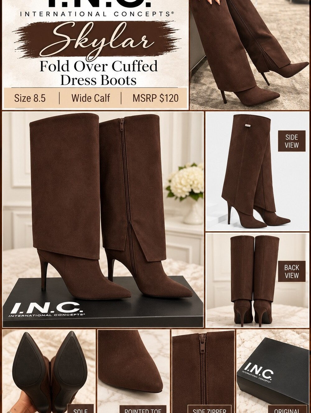 INC International Concepts Skylar Fold-Over Cuffed Dress Boots - Dark Brown.
